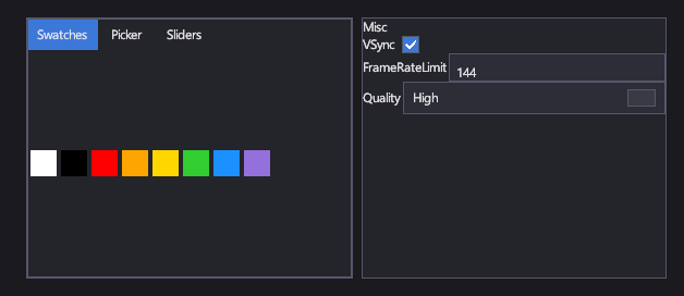A color picker on its Swatches tab next to a property grid editing VSync, FrameRateLimit and Quality