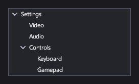 A Settings tree with Video, Audio and an expanded Controls node holding Keyboard and Gamepad